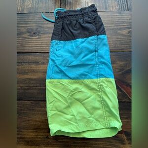 Cat & Jack Black, Teal & Lime Boys Colorblock Swim Shorts (L)